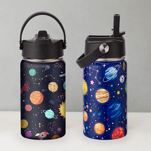 زجاجة مياه معزولة للأطفال، عبوتين من زجاجات المياه بسعة 12 أونصة مع قش قلاب ومقبض كبير، 18/8 من الفولاذ المقاوم للصدأ، هدايا للأطفال الأولاد والبنات إلى رياضات السفر المدرسية، غسيل يدوي فقط، أزرق وأسود in Kuwait