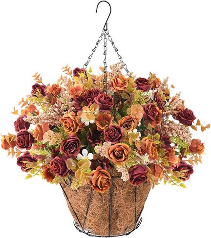 Homsunny Artificial Fall Hanging Flowers for Fall Decoration,Fake Silk Rose Flower Arrangement,Faux Outdoor Indoor Plant with Flower Pot for Home Patio Lawn Garden Porch Autumn Decor in Kuwait