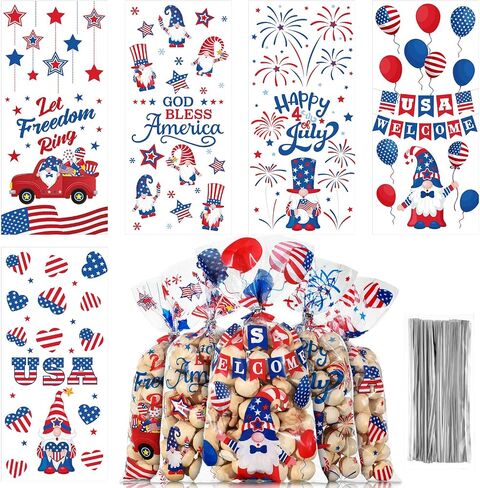100 Pcs Patriotic Cellophane Treat Bags, 5 Styles 4th of July Cello Favor Bags Patriotic Gnomes Goodie Bags with 100 Silver Twist Ties for American Memorial Day Independence Day Party Supplies in Saudi Arabia