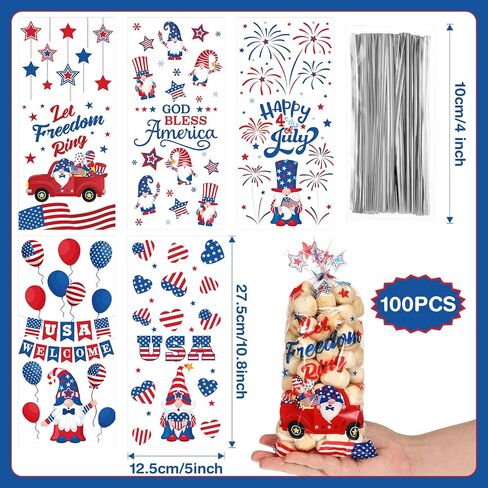 100 Pcs Patriotic Cellophane Treat Bags, 5 Styles 4th of July Cello Favor Bags Patriotic Gnomes Goodie Bags with 100 Silver Twist Ties for American Memorial Day Independence Day Party Supplies in Saudi Arabia