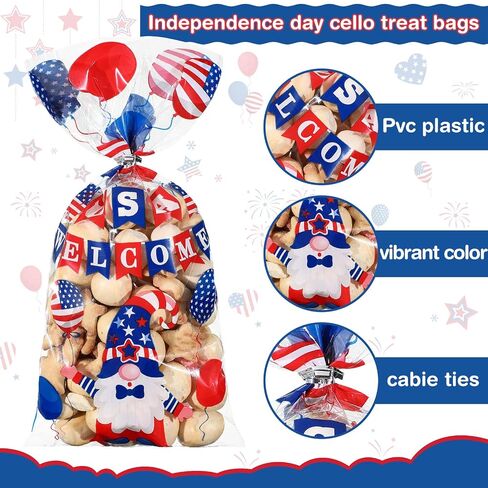 100 Pcs Patriotic Cellophane Treat Bags, 5 Styles 4th of July Cello Favor Bags Patriotic Gnomes Goodie Bags with 100 Silver Twist Ties for American Memorial Day Independence Day Party Supplies in Saudi Arabia