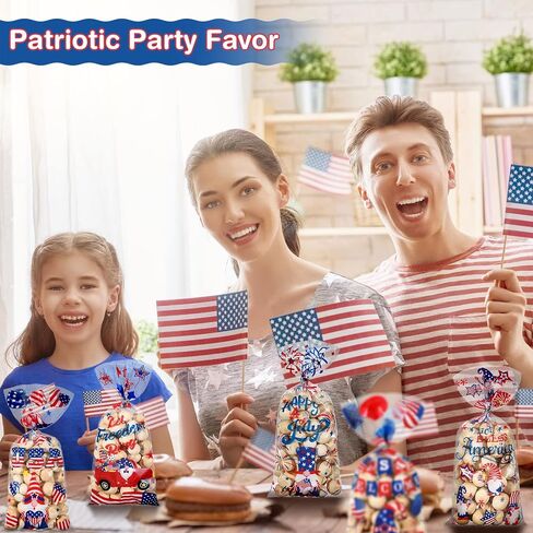 100 Pcs Patriotic Cellophane Treat Bags, 5 Styles 4th of July Cello Favor Bags Patriotic Gnomes Goodie Bags with 100 Silver Twist Ties for American Memorial Day Independence Day Party Supplies in Saudi Arabia