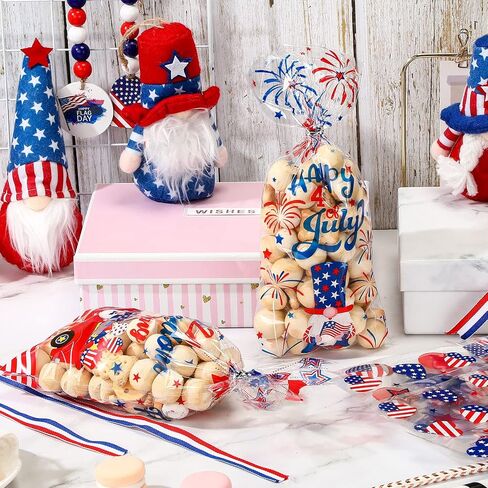100 Pcs Patriotic Cellophane Treat Bags, 5 Styles 4th of July Cello Favor Bags Patriotic Gnomes Goodie Bags with 100 Silver Twist Ties for American Memorial Day Independence Day Party Supplies in Saudi Arabia