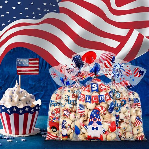 100 Pcs Patriotic Cellophane Treat Bags, 5 Styles 4th of July Cello Favor Bags Patriotic Gnomes Goodie Bags with 100 Silver Twist Ties for American Memorial Day Independence Day Party Supplies in Saudi Arabia