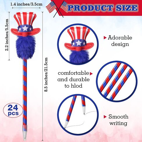 24 Pcs 4th of July Pens Bulk Gifts Fourth of July Ballpoint Pens Patriotic USA Pen with Star Top Hat 0.7 mm Black Ink Pen for American National Independence Day Party Favor Office Supplies in Saudi Arabia