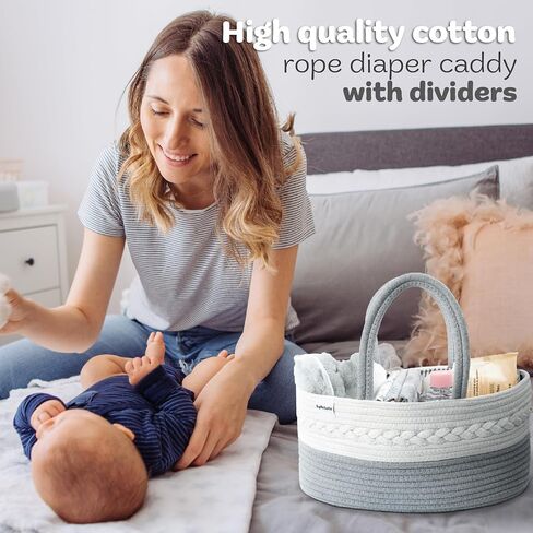 Cotton Rope Diaper Caddy Organizer - Large Diaper Caddy Basket for Newborn Baby, Woven Diaper Caddy with Dividers, Baby Baskets for Nursery, Organizing Diaper Caddy for Baby Shower Gifts in Saudi Arabia