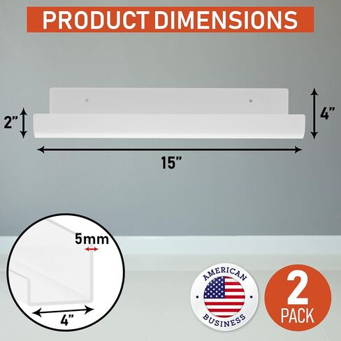 Clear Acrylic Floating Wall Shelves, Two Pack, 15 Inch Wall Bookshelf for Kids, 5 mm Acrylic Shelves for Kitchen, Shower, Nursery. Spice Rack, Display Organizer, Bathroom Storage Shelves (Black) in Saudi Arabia