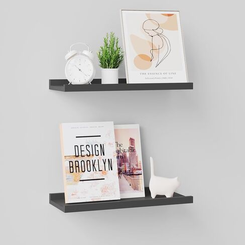 BONTEC Floating Shelves Set of 2, Wood Wall Mounted Shelves with Lip, 16 inch Bathroom Shelves for Bathroom, Bedroom, Living Room and Kitchen Wall Organizer up to 22lbs, Black in Saudi Arabia