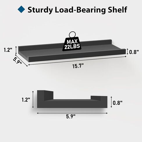 BONTEC Floating Shelves Set of 2, Wood Wall Mounted Shelves with Lip, 16 inch Bathroom Shelves for Bathroom, Bedroom, Living Room and Kitchen Wall Organizer up to 22lbs, Black in Saudi Arabia