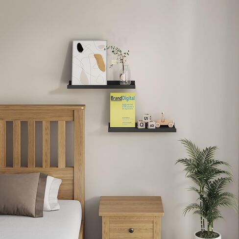 BONTEC Floating Shelves Set of 2, Wood Wall Mounted Shelves with Lip, 16 inch Bathroom Shelves for Bathroom, Bedroom, Living Room and Kitchen Wall Organizer up to 22lbs, Black in Saudi Arabia