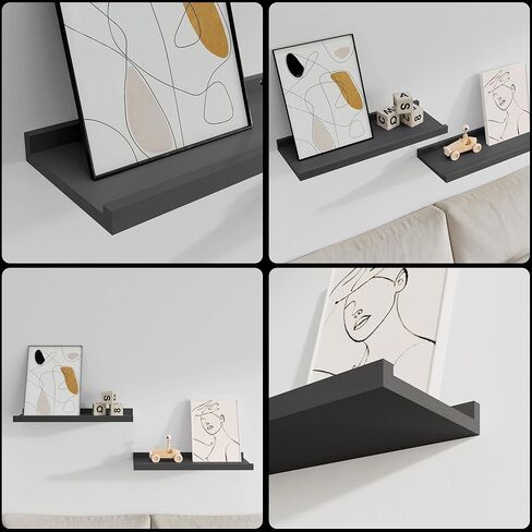 BONTEC Floating Shelves Set of 2, Wood Wall Mounted Shelves with Lip, 16 inch Bathroom Shelves for Bathroom, Bedroom, Living Room and Kitchen Wall Organizer up to 22lbs, Black in Saudi Arabia