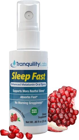 النوم السريع - رذاذ الميلاتونين عن طريق الفم للنوم - 32 جرعة - معزز بجذور الناردين، بلسم الليمون، البابونج، مزيج مهدئ B6، نكهة الرمان (25 مل) من Tranquility Labs in Kuwait