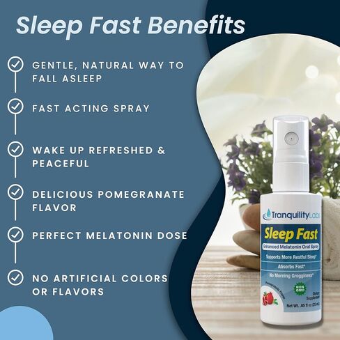 النوم السريع - رذاذ الميلاتونين عن طريق الفم للنوم - 32 جرعة - معزز بجذور الناردين، بلسم الليمون، البابونج، مزيج مهدئ B6، نكهة الرمان (25 مل) من Tranquility Labs in Kuwait