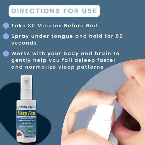 النوم السريع - رذاذ الميلاتونين عن طريق الفم للنوم - 32 جرعة - معزز بجذور الناردين، بلسم الليمون، البابونج، مزيج مهدئ B6، نكهة الرمان (25 مل) من Tranquility Labs in Kuwait