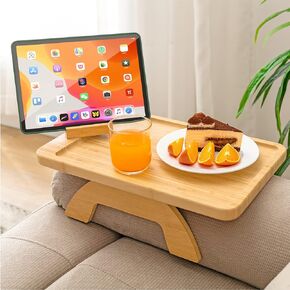 Sofa Armrest Tray,Clip On Couch Arm Table, Foldable Sofa Arm Tray with 360° Rotating Phone Holder and Stable Sofa Table for Eating and Drink, Black