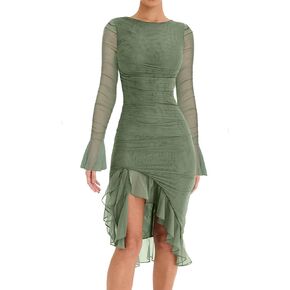 Women's Elegant Bodycon Midi Dress Long Sleeve Ruffle Hem Mermaid Tail Spring Fall Dress Cocktail Party