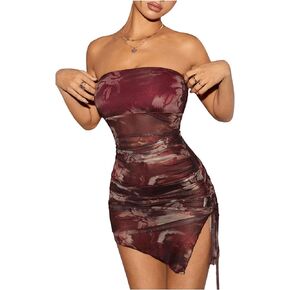 MakeMeChic Women's Tie Dye Mesh Tube Dress Y2k Asymmetrial Split Strapless Ruched Bodycon Mini Dress