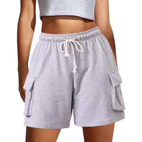 High Waisted Drawstring Cargo Sweat Shorts for Women Baggy Lounge Shorts Athletic Workout Biker Shorts with Pockets