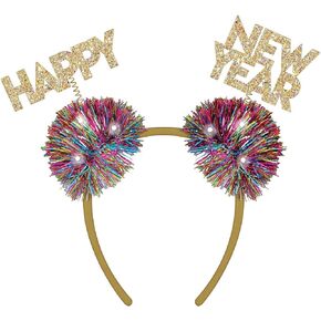 Amscan Multicolor Light-Up Glitter & Foil Confetti Happy New Year Pom Pom Headband - 8" x 9" (Pack of 1) - Perfect for New Year's Eve & Party Fun
