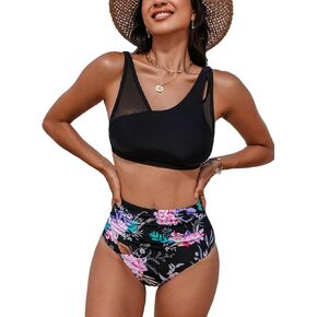 CUPSHE Women's Bikini Sets Two Piece Swimsuit High Waisted Ruched Mesh Double Layout Top Adjustable Straps