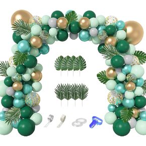 Jungle Safari Party Balloons Arch Garland Kit, 139Pcs Metallic Gold Green Confetti Balloons with Tropical Palm Leaves for Animal Wild One Birthday Dinosaur Party Safari Baby Shower for Boys Supplies