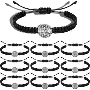 12 Pcs Silver Saint Benedict Medal Rosary Bracelet, Catholic Bracelet Gifts for Women Men, Catholic Wrist Bracelets Adjustable