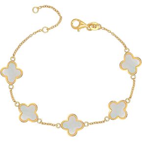 LeCalla 925 Sterling Silver Clover Bracelet Lightweight Adjustable Mother of Pearl Flower Chain Bracelet for Women with Lobster Claw Clasp