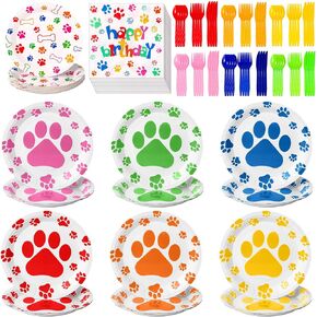 Gejoy 96 Pcs Dog Paw Birthday Party Supplies Tableware Kit Include Plates Knives Forks Spoons Napkins for Boy Girls Birthday Party Decorations Serve 24 Guests (Bright Color)