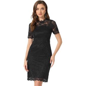 Allegra K Women's Elegant Floral Lace Dress Crew Neck Short Sleeve Cocktail Party Dresses