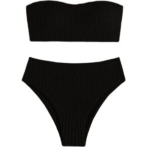 SweatyRocks Women's 2 Piece Swimsuits Lace Up Bandeau Ribbed Bikini Set High Waisted Bathing Suit