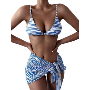 Women's 3 Piece Swimsuit High Waisted Thong Zebra Bikini Set with Cover Up Skirt