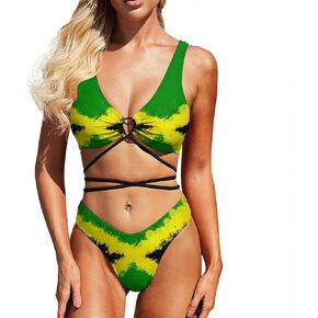 Women's 2 Piece Push Up Bikini Set Jamaican Flag Halter Criss Cross Swimsuits
