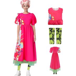 Weird Doll Costume Pink Dress Adult Women Cosplay Halloween Outfit Puff Short Sleeve Printed Dresses