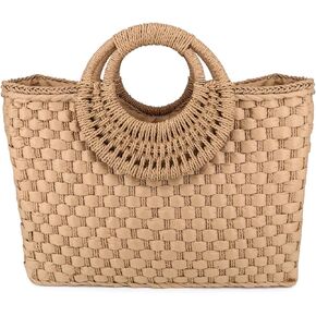 Women Summer Retro Straw Bag with Zip Hand-woven Beach Handbag Top Round Handle Boho Tote Bag Shopping and Travel Large Bag (Khaki)