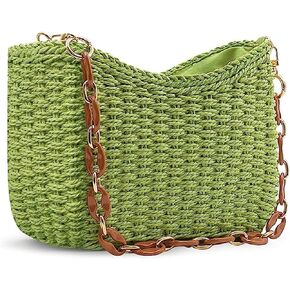 Straw Bag, Beach Tote with Chain and Zipper Hand Woven Shoulder Bag for Travel, Vacation, Beach Essentials for Women