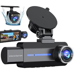 3 Channel 2.5K Dash Cam, 1440P Dash Cam Front and Rear Inside, Dash Camera for Cars, Triple Car Camera with 32GB Card, G-Sensor, 24Hr Parking, 170°Wide Angle, Loop Recording, IR Night Vision, Blue