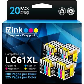 E-Z Ink (TM Compatible Ink Cartridge Replacement for Brother LC61 LC-61 LC65 XL to use with MFC-J615W MFC-5895CW MFC-290C MFC-5490CN MFC-790CW MFC-J630W (8 Black, 4 Cyan, 4 Magenta, 4 Yellow) 20 Pack