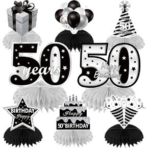 50th Birthday Decorations Honeycomb Centerpieces for Women Men, 8pcs Black White Silver Happy 50 Birthday Table Topper Party Supplies, Fifty Years Old Birthday Table Sign Decor