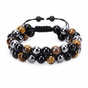 Triple Protection Bracelet-Handmade Genuine Tigers Eye Black Obsidian and Hematite 8mm Beads Bracelet,for Men Women Crystal Bracelet Bring Luck Prosperity and Health