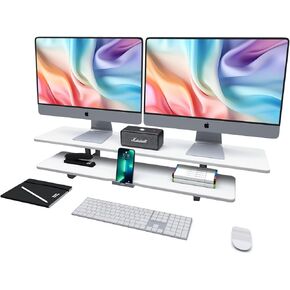 Dual Monitor Stand, 2-Tier Wood Monitor Riser with Storage Organizer and Cable Management, White