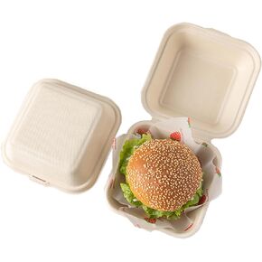 HGX Food Storage Container, Biodegradable, Grease-Proof 6x6 Clamshell Small Togo Containers, Small Take Out Boxes 50pk. Disposable, Microwavable Take Out Container With Hinged Lid
