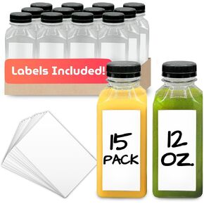 Reli. Plastic Juice Bottles [15 Pack] [12 oz] Square Plastic Juice Bottles with Caps & Sticker Labels | Clear Empty Juice Bottles for Juicing 12oz | Disposable, Reusable Bottles for Juicing, Smoothies