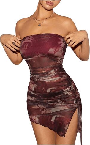 MakeMeChic Women's Tie Dye Mesh Tube Dress Y2k Asymmetrial Split Strapless Ruched Bodycon Mini Dress in Saudi Arabia