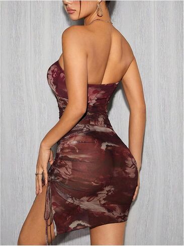MakeMeChic Women's Tie Dye Mesh Tube Dress Y2k Asymmetrial Split Strapless Ruched Bodycon Mini Dress in Saudi Arabia