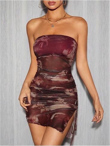 MakeMeChic Women's Tie Dye Mesh Tube Dress Y2k Asymmetrial Split Strapless Ruched Bodycon Mini Dress in Saudi Arabia