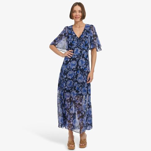 Tommy Hilfiger Women's Elbow Sleeve V-Neck Empire Waist Chiffon Dress in Saudi Arabia
