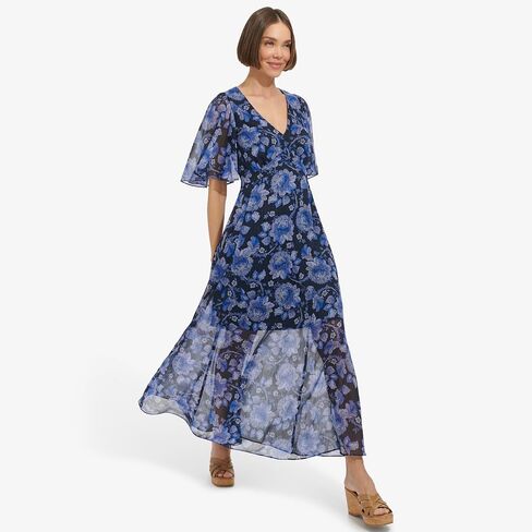 Tommy Hilfiger Women's Elbow Sleeve V-Neck Empire Waist Chiffon Dress in Saudi Arabia