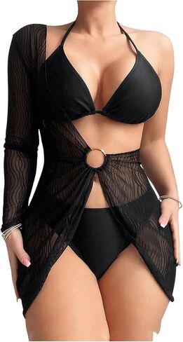 MakeMeChic Women's 3 Piece Bikini Set Halter Neck Tie Back Ring Linked Sheer Mesh Cheeky Swimsuit Beach Sets in Saudi Arabia