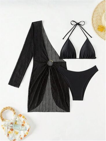 MakeMeChic Women's 3 Piece Bikini Set Halter Neck Tie Back Ring Linked Sheer Mesh Cheeky Swimsuit Beach Sets in Saudi Arabia