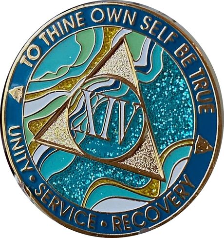14 Year AA Medallion Elegant Marble Caribbean Aqua Glitter Blue Gold Plated Chip XIV in Saudi Arabia